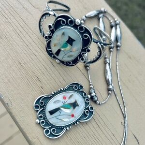 Vintage Sterling Zuni Cuff Bracelet & Necklace (Set) Bird Inlay